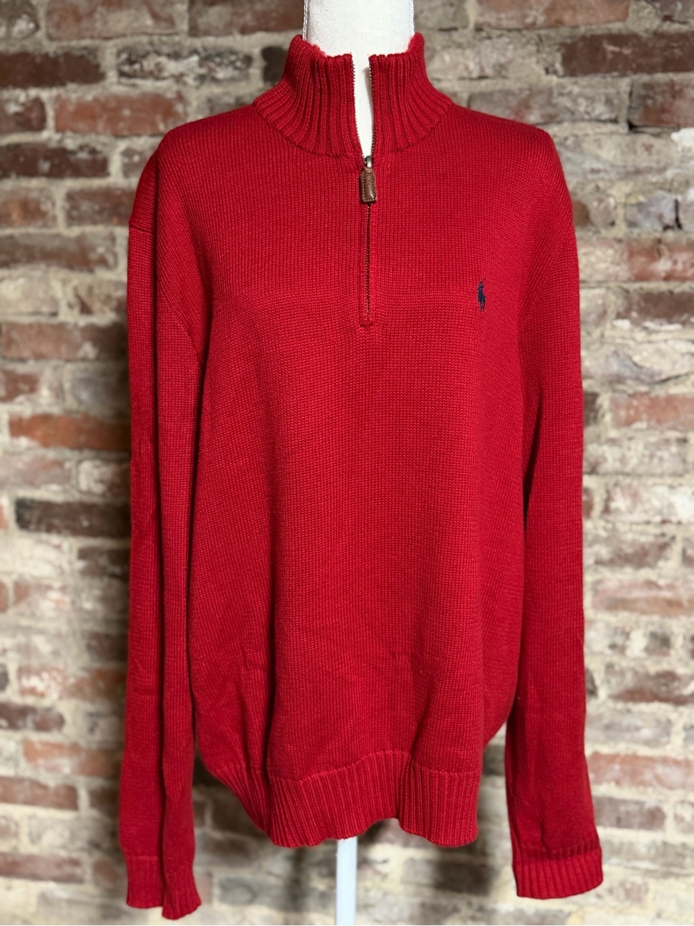 Ralph Lauren Red Half-Zip Knit Sweater with Polo Logo